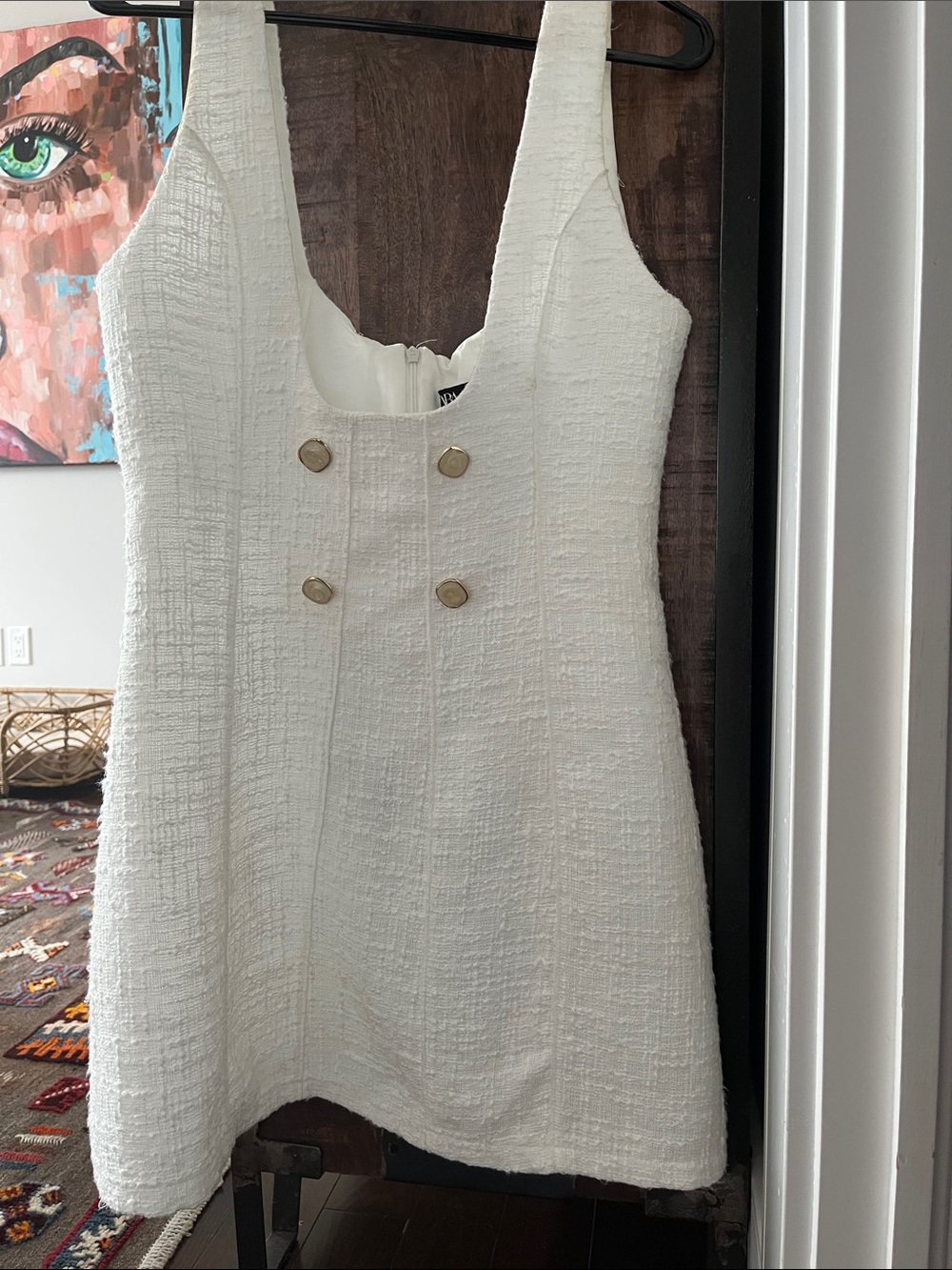 Zara White Textured Mini Dress with Gold Buttons